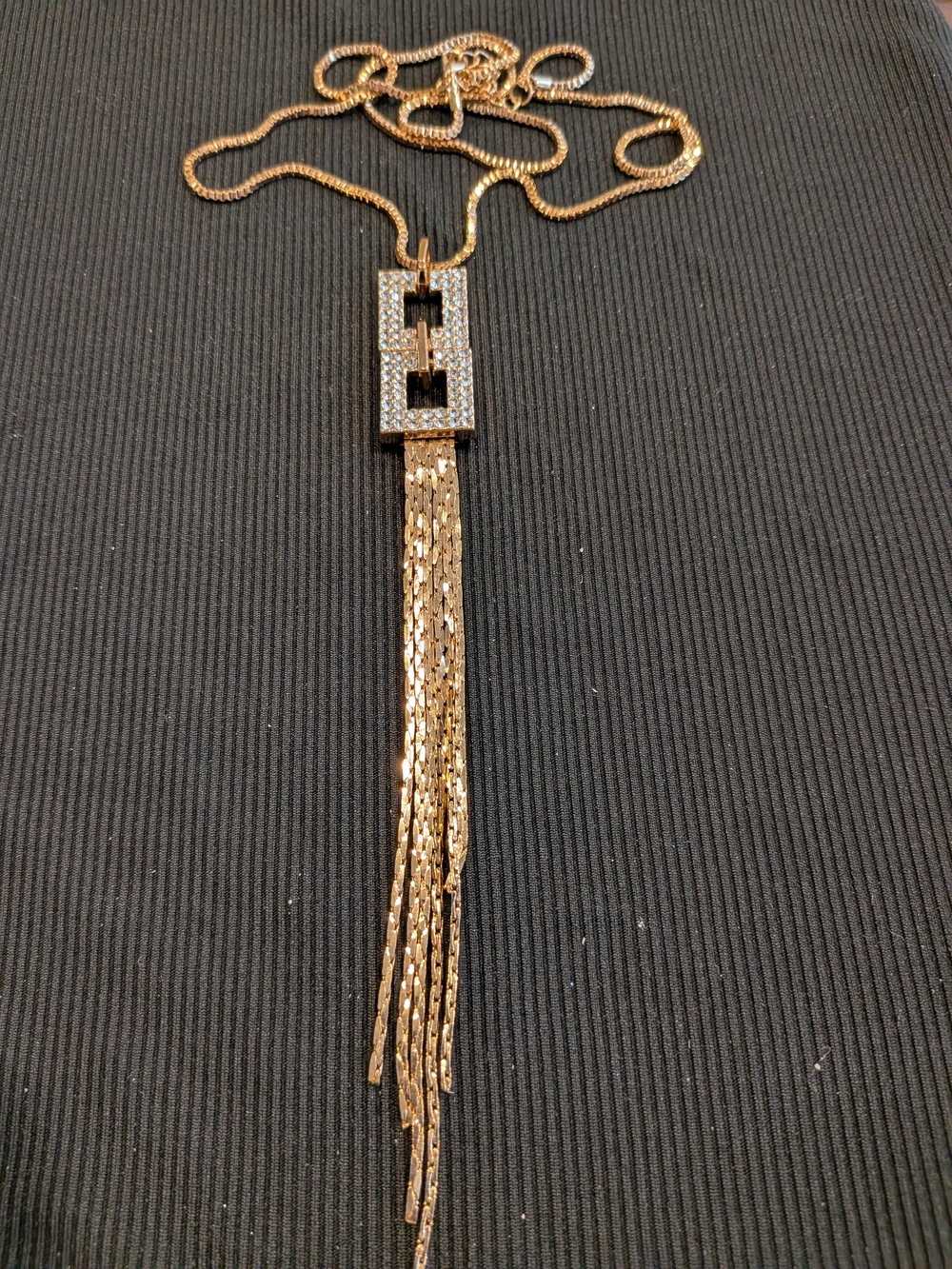 Gold Tone Tassel Pendant Necklace 22" with Crystal Accents